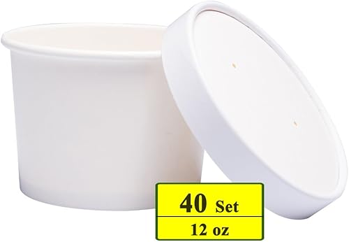 Miniatura 2 de Vasos de helado de papel con tapas, tazas de sopa calientefría (blanco, 40, 12 oz)