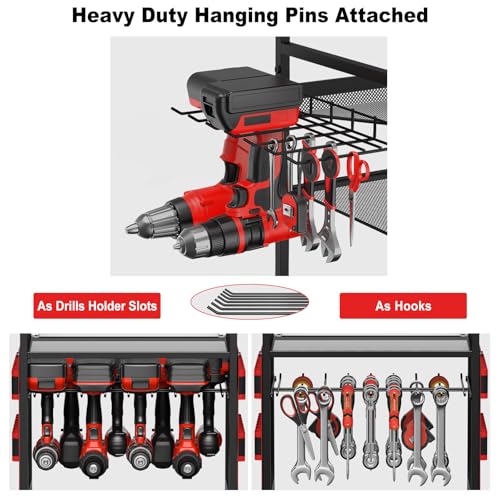 JUNNUJ Garage Large Power Tool Organizer Cart with 20A Charing Station, Heavy Duty Drill and Tools Battery Holder Storage Rack, Floor Standing Rolling Tool Cart on Wheels, Red