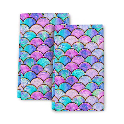 Image of Bapcoku Kitchen Towels Decorative Set Cute Mermaid Scales Colorful Rainbow Tea Towel Set of 2 Cotton Soft Absorbent Hand Towels Gifts Home Decorations 16 x 24 Inch