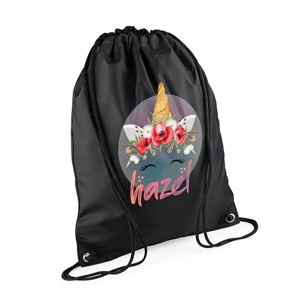 Personalised Unicorn Magicaly Stars Crown Castle Floral Girl ANY NAME Kids Birthda Back To School Drawstring Bag, PE Gym Kit, Swimming Rucksack. (Black Front)