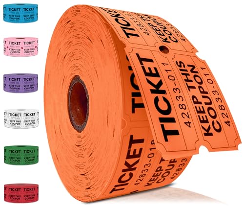 2000 Pcs (1000 Pairs) Raffle Tickets Double Roll, 50/50 Orange Raffle Tickets for Events, Entry, Carnivals, Fundraisers, Classroom Rewards, and Prizes - Premium Quality by PM Company