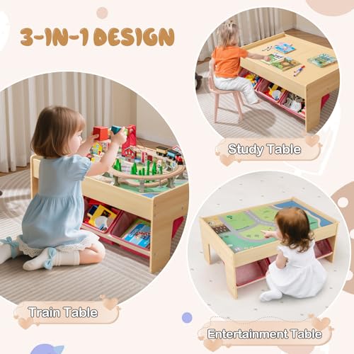 Image of Costzon Train Table, 3-in-1 Wooden Activity Table W / 3 Storage Bins, Reversible 94 PCS Track Train Toys & Table Map for Building, Playing, Studying, Eating, Kids Train Set Table for Boys Girls Aged 3+