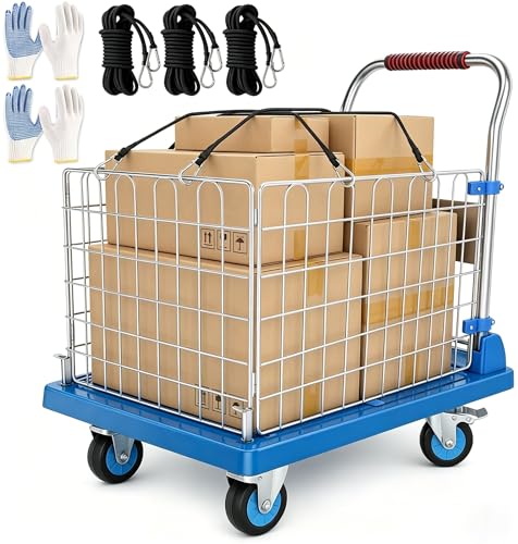 STEEL-LAND 2WAY カゴ台車 ブレーキ付き 耐荷重200kg/400kg 小型 大型 運搬車 リヤカー 収納バスケットカート 折りたたみ式 静音 軽量設計 農業/ガーデン/倉庫/業務/家庭用 防散乱ネット3本＆滑り止め手袋2組付属（カゴサイズ72×46×45cm/90×60×50cm） (大型ブルー) [並行輸入品]