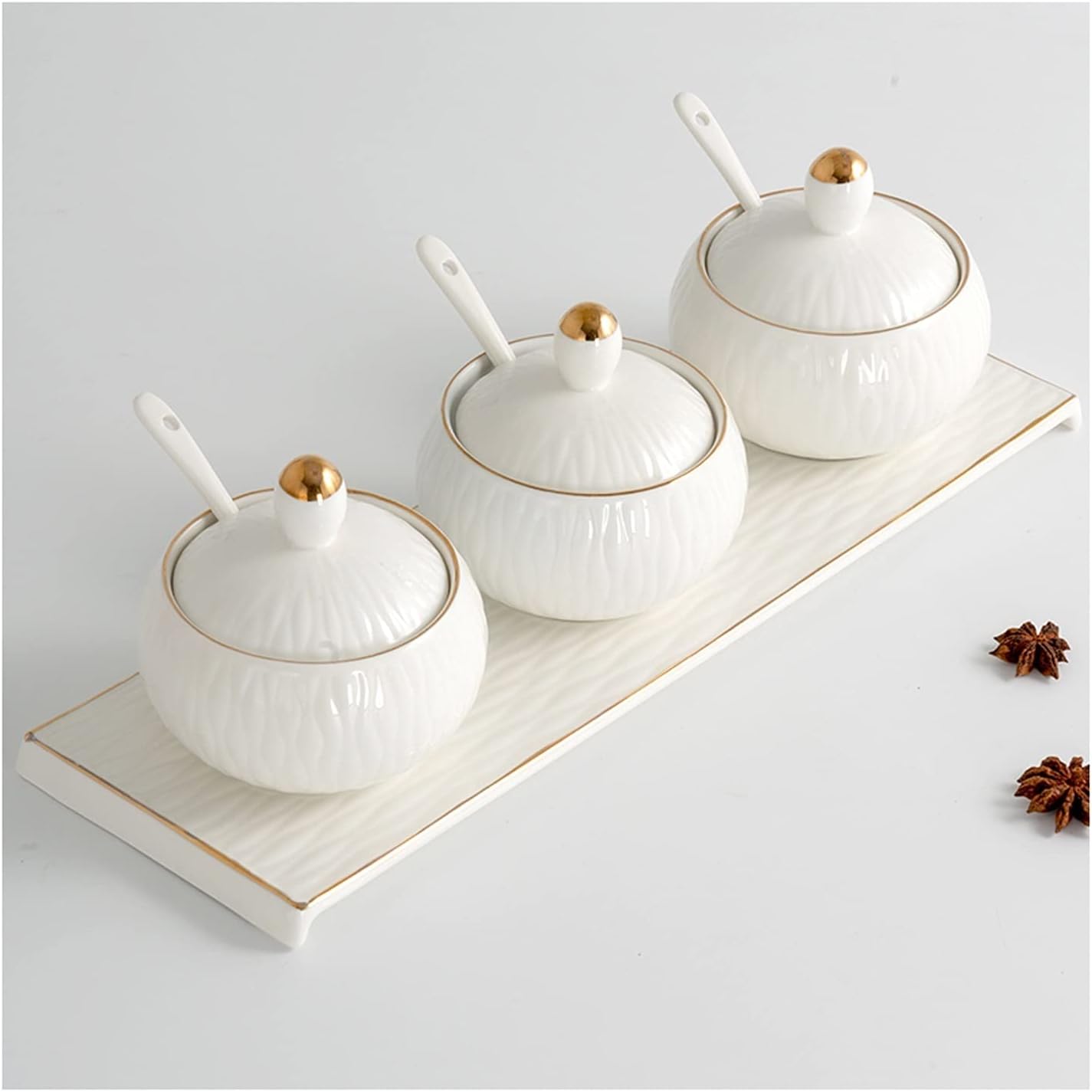 Seasoning Bottle Set Porcelain Condiment Jar Set of 3 Spice with Bamboo Tray, Ceramic Condiment Pot Spoon and Lid, Seasoning Box,Sugar Bowl (White) Spice Bottle Set