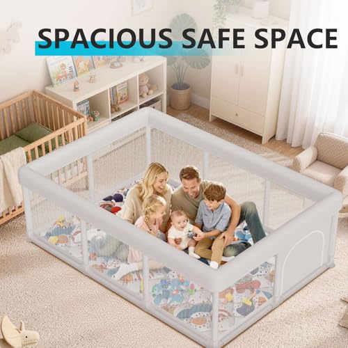 Image of Baby Playpen 74x50 in PlayPen for Babies and Toddlers, Large Play Yards for Indoor & Outdoor with Zipper Gates, Breathable Mesh with Mat