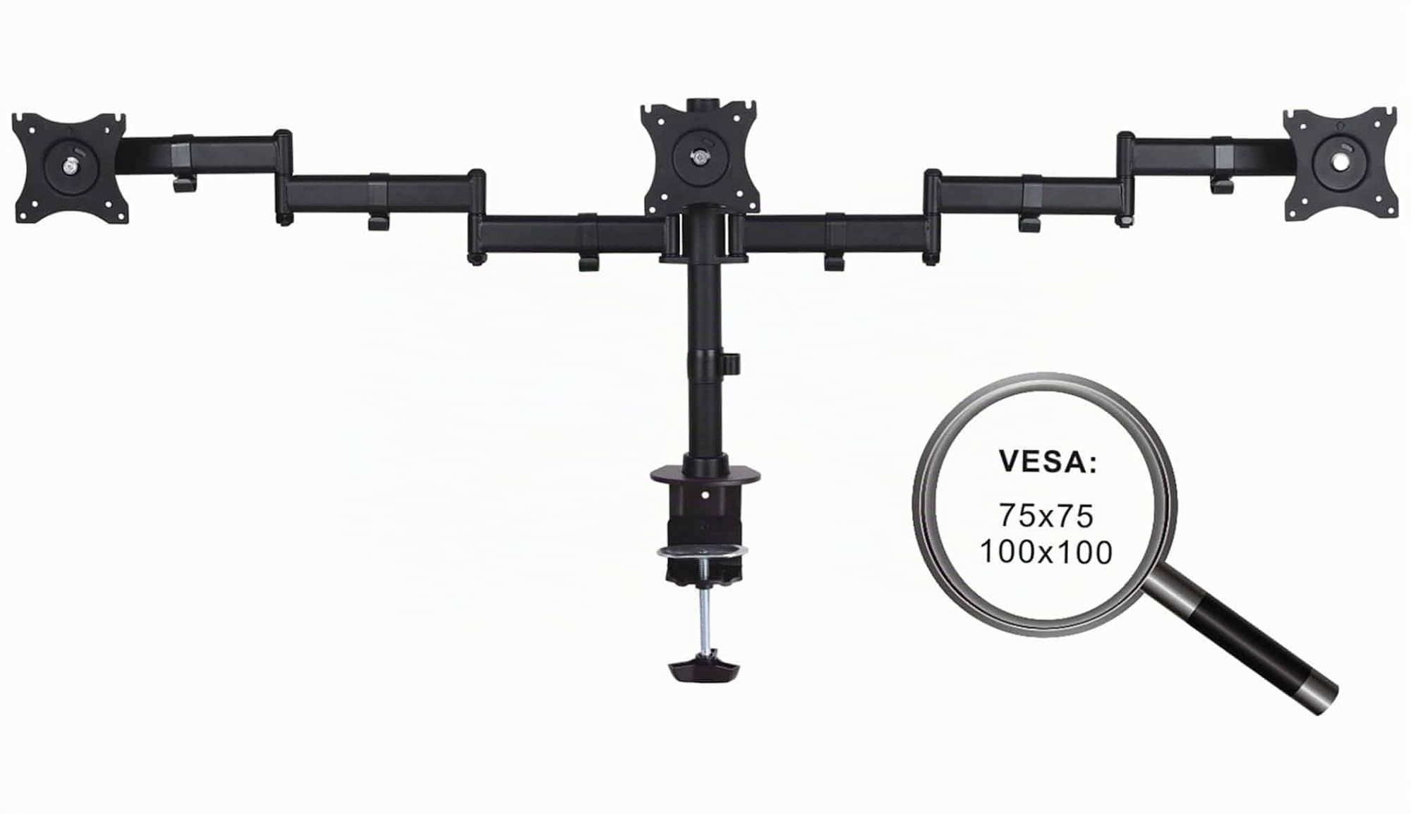 PureMounts OFFICE-03 Supporto da tavolo per 3 monitor da 33-69 cm (13-27"), inclinabile: da -45° a 45°, orientabile: 180°, ruotabile: 360°, VESA 100x100, nero