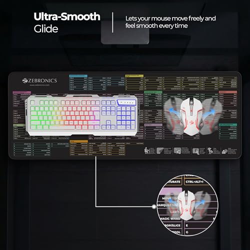Image of Zebronics Mouse Pad, 80 x 30 x 0.2 cm Extended Size, Ultra-Smooth Glide, Anti-Slip Rubber Base, Anti-Fray Edges, Durable Build, Comfortable Surface (MSP XL, Shortcut Key)