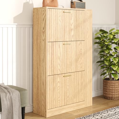 DACHETOU Zapatero de madera, 70 x 120 cm, diseño de tres puertas, gran capacidad, estantes abiertos, elegante y práctico