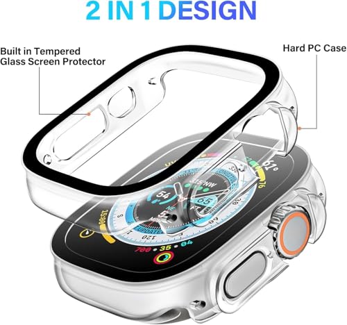 Image of Smiling 2 Pack Case Compatible with Apple Watch Ultra 3(2025) / Ultra 2 /Ultra 49mm with Tempered Glass Screen Protector, Hard PC Case Scratch-Resistant Overall Protective Cover -Transparent
