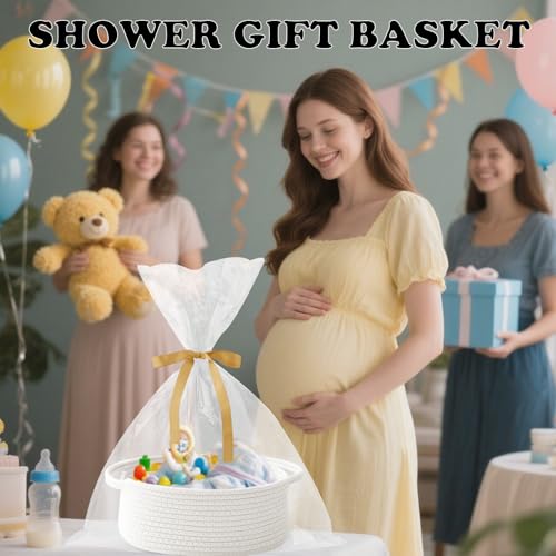 Image of White Woven Rope Basket - Baby Gift Basket with Bag & Ribbon