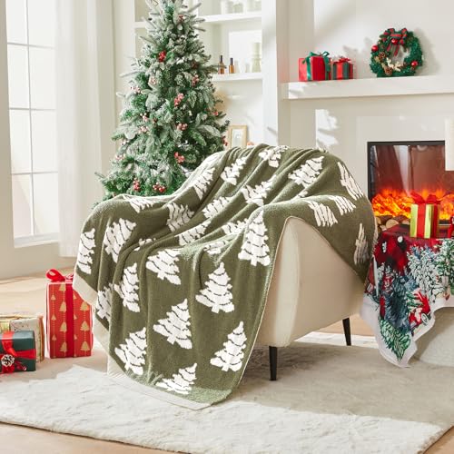 Douceur Christmas Tree Throw Blanket, Ultra Soft Olive Green Fluffy Festival Blanket, Reversible...