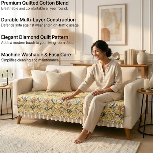Image of BSB HOME Cotton Sofa Cover Throw with Tassels, Soft Breathable Fabric, Printed Couch Cover for Living Room, Lightweight Furniture Protector (27 x 70 Inches / 69 x 178 cm) (Yellow & Olive Green)