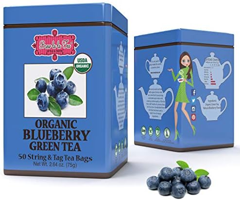 Brew La La Organic Green Tea - Natural Blueberry Flavor - 50 Double Chambered Bags - Low Caffeine Gourmet Tea - Certified Organic