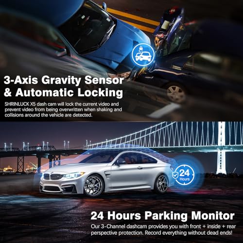 SHRINLUCK 4K+1080P+1080P 5.8GHz WiFi Dash Cam Front and Rear Inside, Free 64G SD Card, 4K UHD 3 Channel Dash Camera for Cars, 360° All Sides Dashcam, G-Sensor, Night Vision, WDR, 24H Parking Monitor by SHRINLUCK - Image 6