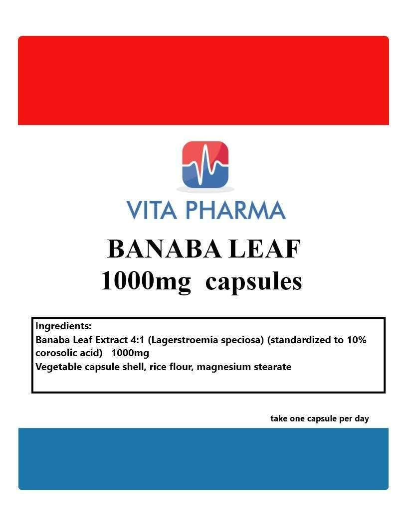 vita pharma BANABA Leaf Supplement, 1000mg, 60 Capsules, 2 Months Supply, take one a Day, UK Produced, Vegetarian Suitable