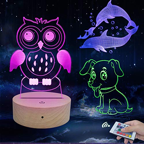 Caferria 3D Night Light for Kids Toys 3D Illusion Lamp 3 Pattern and 7 Color Change Decor Lamp with Touch & Remote Control for Boys Girls Gift Birthday Present