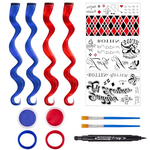 Halloween Costume Accessories for Women - Makeup Kit with 2 Red & 2 Blue Clip-in Hair Extensions Red & Blue Face Paint 1 Eyeliner 3 Temporary Tattoos & 2 Hair Ties