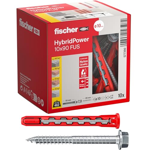 Fischer 10x HybridPower FUS, Tasselli Prolungati in Nylon e Acciaio con Vite Esagonale Flangiata e Impronta Torx, Sicuro come un Ancorante Metallico e Facile da Installare come un Tassello in Nylon