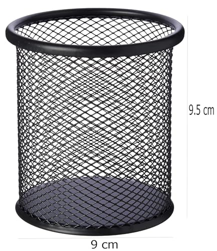 Image of GLUN Round Black Mesh Metal Desk Pen, Pencil and Other Stationery Organiser Holder, Use at Office, School and Home Pack of 5