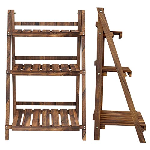 YAHEETECH 3 Tier Folding Wooden Plant Stand Wood Organizer Flower Pot Stand Plant Display Shelf Rack Ladder Garden Indoors Outdoors 23.6 x 15 x 36.6in