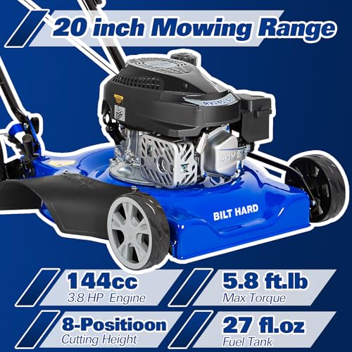 Image of BILT HARD Gas Lawn Mower 20 inch, 144cc 4-Cycle OHV Engine Lawnmower, 8 Adjustable Cutting Heights Push Mowers for Lawn, Yard and Garden