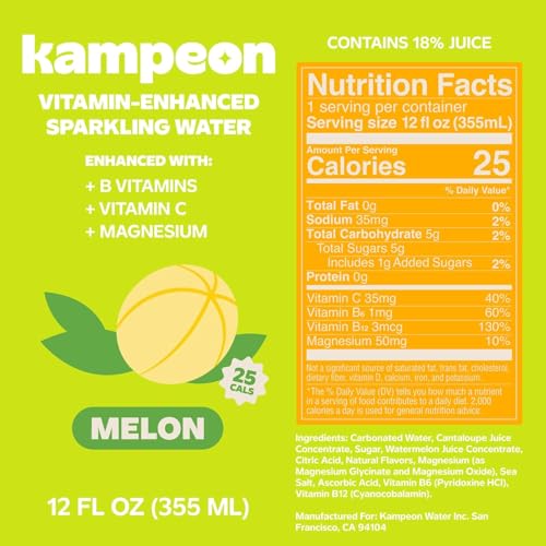 Image of Kampeon Filipino inspire sparkling water, Melon-12oz Can | Flavored Sparkling Water with Vitamin C, Magnesium & B Vitamins | Refreshing Cantaloupe & Watermelon Drink, Functional Hydration (Melon Pack Of 12)