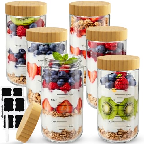 Otauoaea Lot de 6 Bocaux en Verre Gradué 680ml Overnight Oats Jar,Pot Yaourt Avoine en Verre avec Couvercles à Vis,Bocal en Verre Hermétique pour la Préparation des...