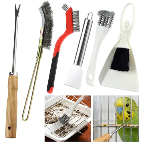 6PCS Bird Cage Cleaning Brush Kit, Bird Poop Remover Cleaning Tools Set Accessories for Small,Medium,Large,Tall,Stainless Steel,Parakeet,Budgie,African Grey Parrot,Cockatoo Birds Cage Accessories