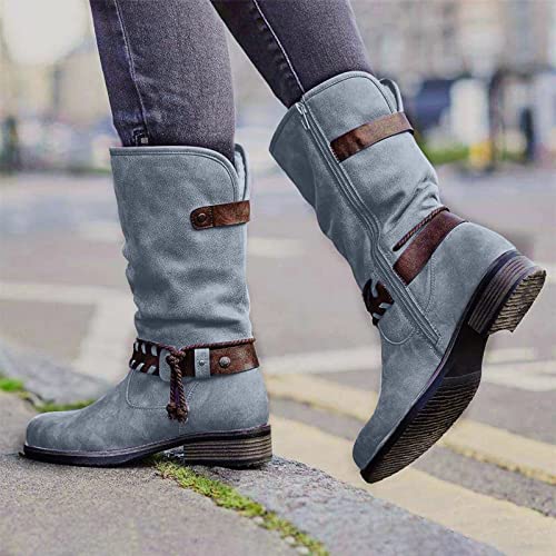 Btdeclar Mid Calf Western Boots For Womens Winter Warm Suede Belt Buckle Snow Boots Steel Toe Stacked Low Heel Side Zipper Riding Boots Cowboy Chelsea Boots #TOP2