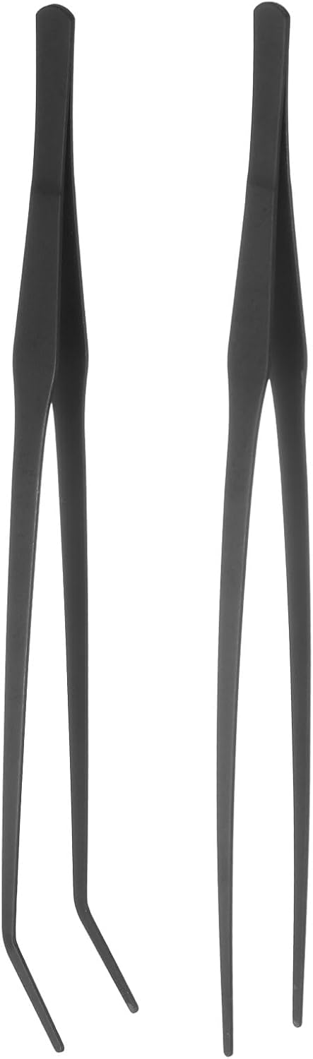 HARFINGTON 2pcs Long Tweezers 18.9 Inch Stainless Steel Tweezers with Curved Straight Serrated Tip Multi-Purpose Kitchen Tongs for Cooking Gardening Repairing Craft, Black