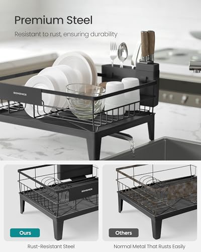 Image of SONGMICS Dish Drying Rack, Kitchen Dish Rack with Drainboard, 360 Rotatable and Extendable Spout, with Cutlery Holder, 12.2 x 16.5 x 7.3 Inches, Ink Black UKCS550B01