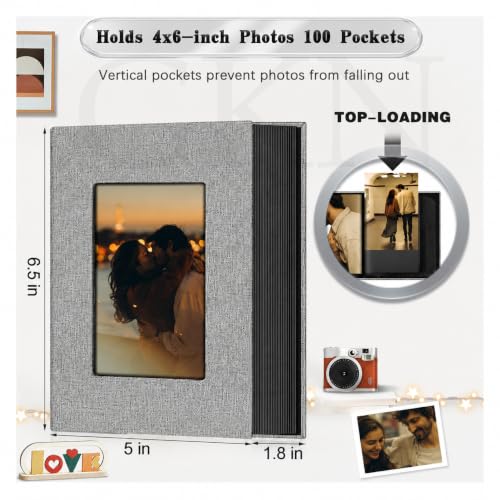 Image of GKN DIY Scrapbook Photo Album for 4x6 Photos | 100 Pockets, 50 Pages | Premium Linen Cover with Front Window | Gray Memory Book for Wedding, Anniversary, Family & Baby Photos