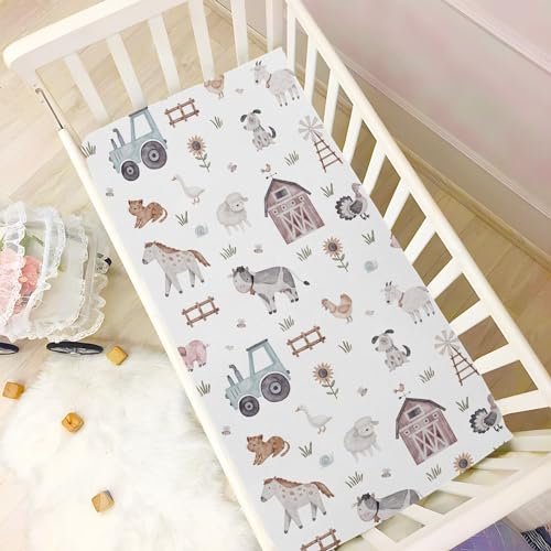 Image of Watercolor Farm Animals Tractor Fitted Crib Sheets Stretchy Portable Playard Sheets for Baby Toddler, Breathable Soft Mini Crib Mattress 52 x 28 in for Boys and Girls