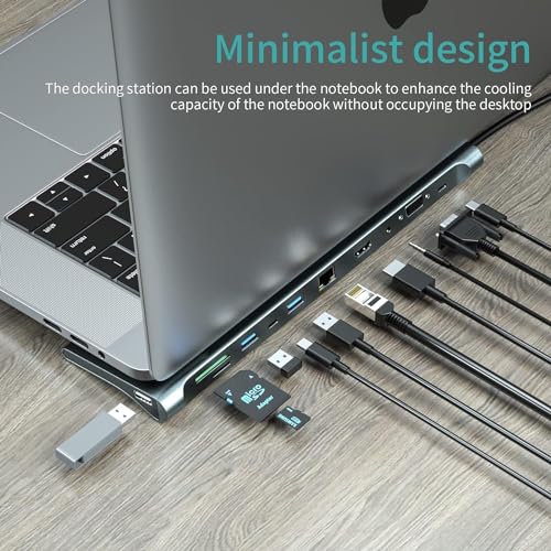 Image of USB HUB USB C Docking Station, 11 in 1 Dual Monitor Docking Station USB Dock of HDMI, VGA, Multiport Adapter with Ethernet, USB C 3.0, SD /TF, PD USB C, 3 USB A for All PC (USB C to 11 in 1 HUB)