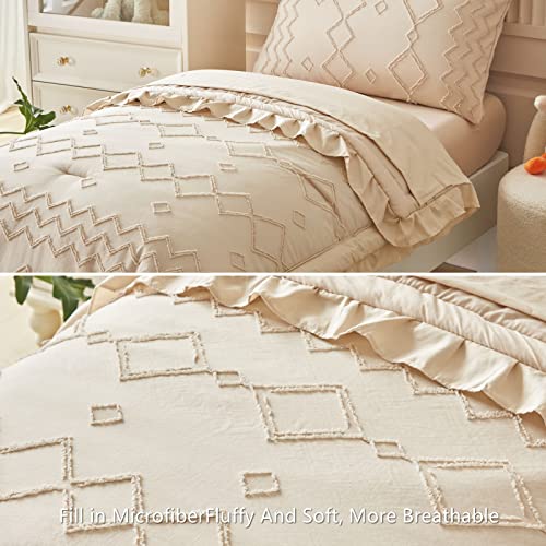 Aikasy Toddler Bedding Set 4 Pieces Super Soft Comforter Set, Shabby Boho Bohemian Design For Boys And Girls（Ruffle Fringe Comforter, Flat Sheet, Fitted Sheet And Pillowcase）- Khaki #TOP3