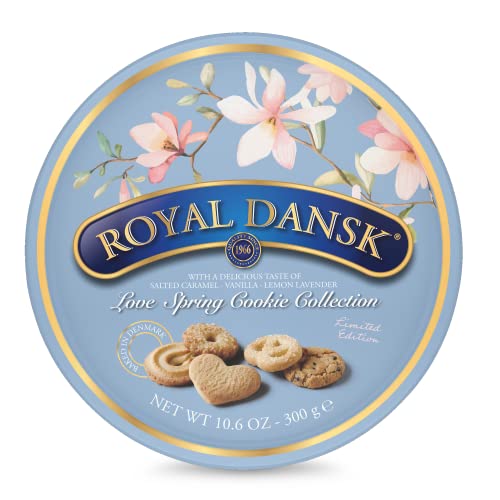 Royal Dansk Love Spring Cookie Collection | Salted Caramel, Vanilla, and Lemon Lavender Butter Cookies | Assorted Variety Cookie Tin for Easter Baskets and Easter Gifts | 10.6 oz