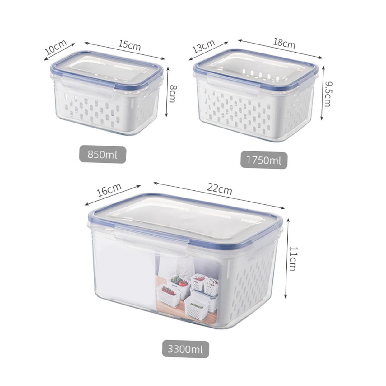 Contenedor de Alimentos Hermético Rectangular con Tapa y Cesta de Drenaje