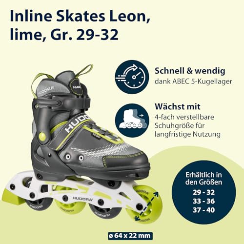 HUDORA Inline Skates Leon - Lime - Inliner f&uuml;r Kinder/Jugendliche & Erwachsene in Gr&ouml;&szlig;e 29-32 - Inlineskates bis zu 4 Gr&ouml;&szlig;en verstellbar - Bequeme & stilvolle Rollerskates