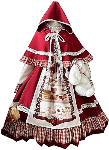 Vestido Lolita rojo con encaje lazos y corte de alta cintura para cosplay