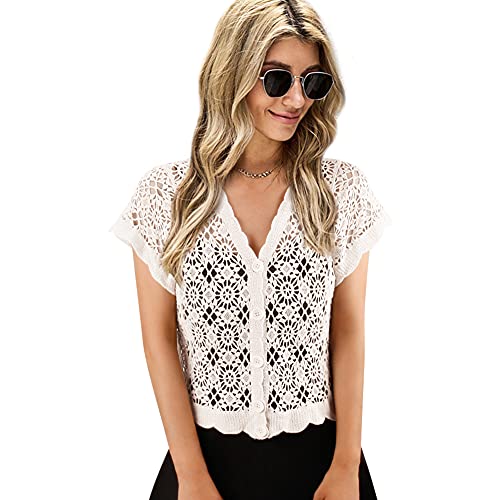 Image of Women Cardigan Hollow Out Floral Cardigans White Crochet Shrugs