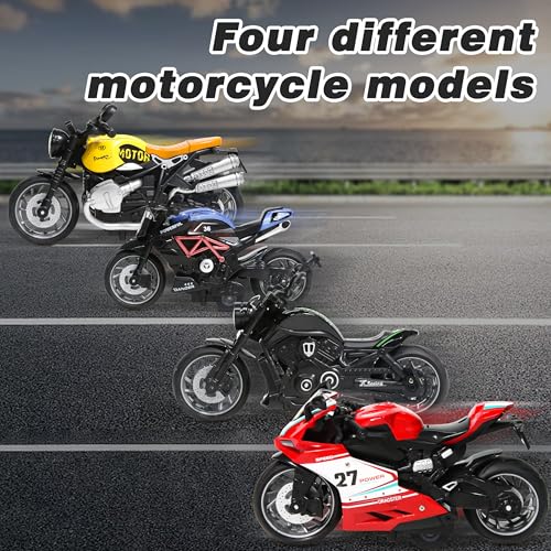 BUDARUNS 4-Pack Friction Powered Motorcycle Toys - Pull-Back Kids Toy Cars with Lights, Sounds & Automatic Drive for Boys & Girls Aged 3-12