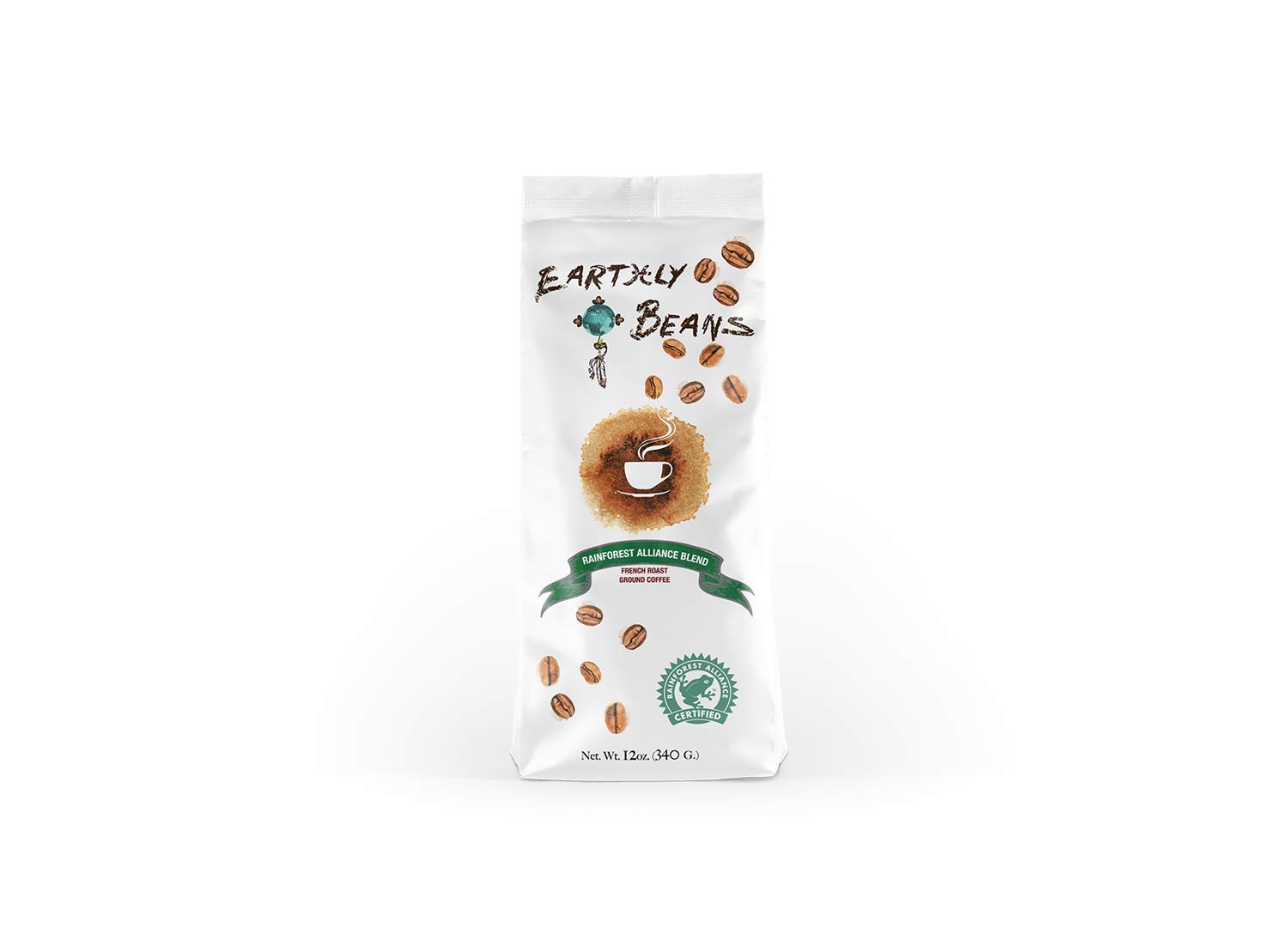 Earthly Beans Rainforest Alliance Blend Ground Coffee, French Roast, Central and South American Blend, 12 Ounce Bag