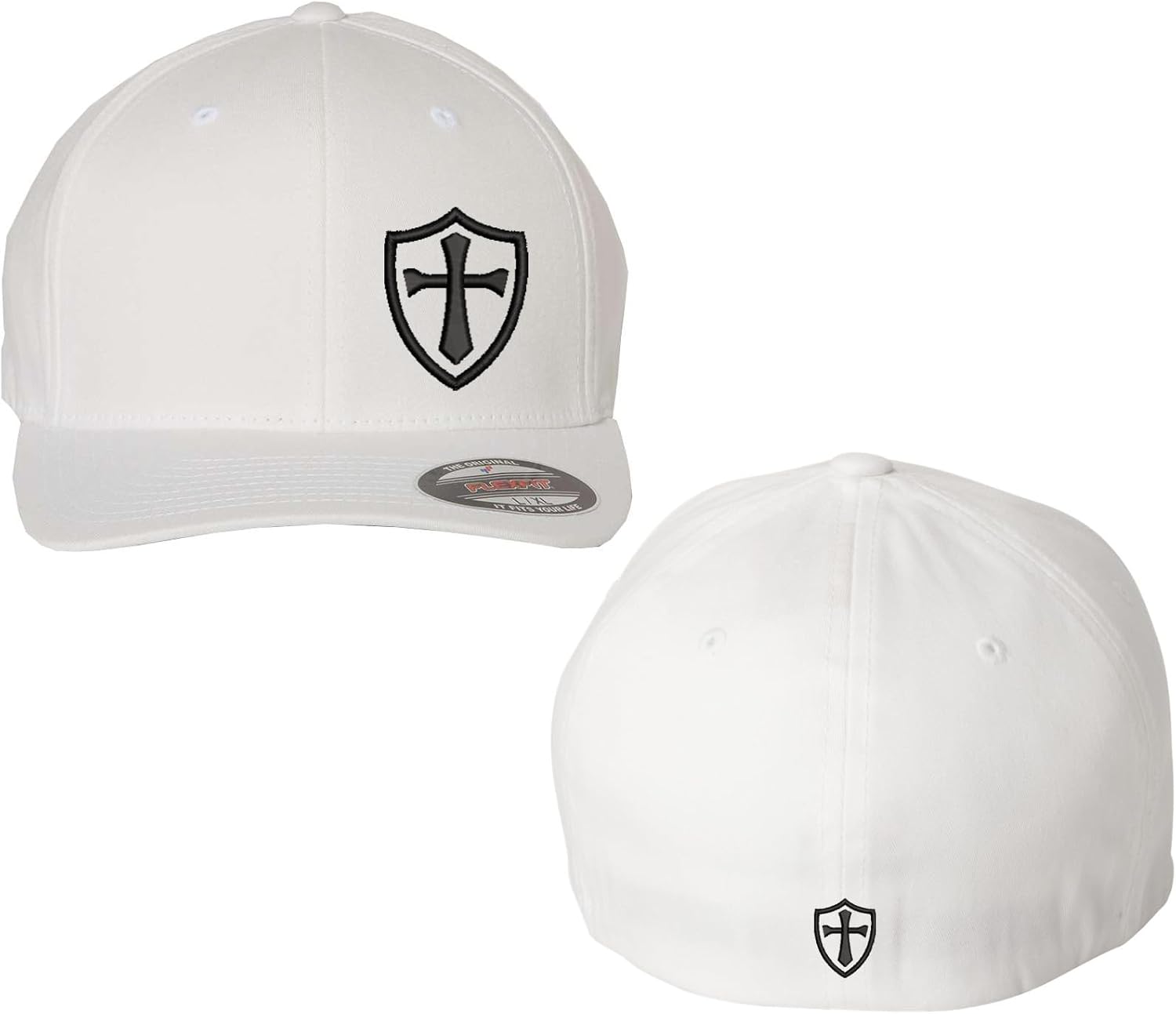 Crusader Cross Military Logo Front and Back Embroidered Fitted Hat Black Grey Navy Red Olive Royal Blue Curved or Flat Brim
