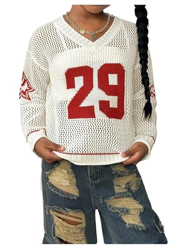 Girl's Y2K Sheer Crochet Sweater Star Number Graphic V Neck Long Sleeve Knit Pullover Sweaters
