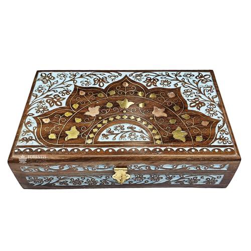 FORESTIS GALLINARIA Handmade Decorative Wooden Jewelry Box Kit Vanity Trinket Organizer For Ladies Men Women Gold Cash Multipurpose Keepsake Gift Item (10x6 Inches Crown Blue)