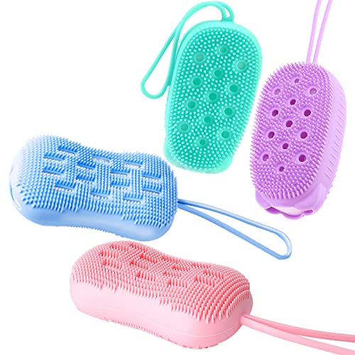 2 Pack of Silicone Bath Scrubber, Careuoklab Double-Sided Shower Body Brush with Soft Brush Head & Hard Massage Ball, Exfoliating Silicone Plus Sponge Cleansing Match (Green Purple)