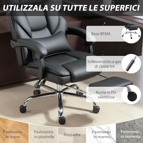 Sedia da Ufficio Ergonomica con Poggiapiedi e Supporto Lombare, in Pelle PU, Poltrona Direzionale Reclinabile 135° con Schienale Alto, Altezza e Poggiatesta Regolabile, Rotelle Girevole, Nero - Sedia gaming - Immagine 7