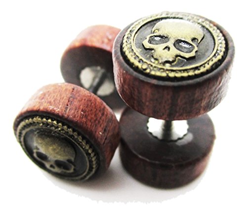 Organic Wood w/Metal Skull Emblem Stud Post Earrings - New - Pair!2