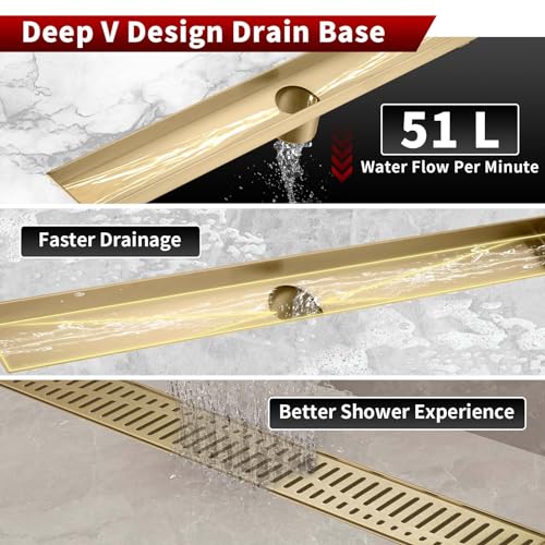 Image of Sharp-tec 24 inch Linear Shower Drain, Gold Rectangular Floor Drain, V-Shape Design Drain Channel, 304 Stainless Steel, cUPC Certificated for Bathroom Shower Room (Drain Base is Not Included)