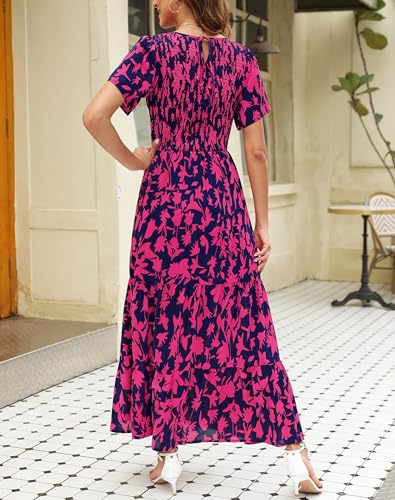 Image of Kranda Women 2025 Summer Fall Crewneck Short Sleeve Smocked Floral Maxi Dress